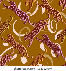 Animal seamless pattern. Leopard silhouettes background in a geometric print. Jumping wildcat with different geometric elements. Textile or fabric backdrop.