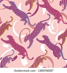 Animal seamless pattern. Leopard silhouettes background in a geometric print. Jumping wildcat with different geometric elements. Textile or fabric backdrop.