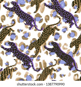 Animal seamless pattern. Leopard silhouettes background in a geometric print. Leopard spots fur background. Good for textile, fabric, apparel or wrapping.