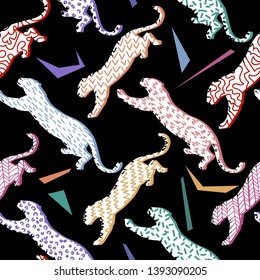 Animal seamless pattern. Leopard silhouettes background in a geometric print. Jumping wildcat with different geometric elements. Textile or fabric backdrop.