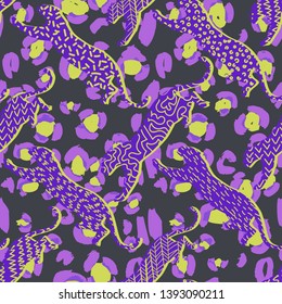 Animal seamless pattern. Leopard silhouettes background in a geometric print. Leopard spots fur background. Good for textile, fabric, apparel or wrapping.