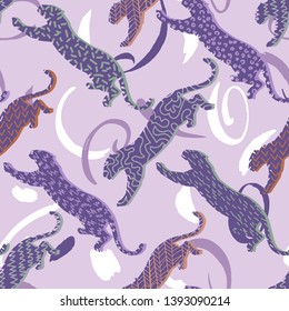 Animal seamless pattern. Leopard silhouettes background in a geometric print. Jumping wildcat with different geometric elements. Textile or fabric backdrop.