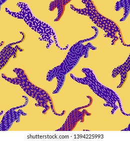 Animal seamless pattern. Leopard silhouettes background in a geometric print. Jumping wildcat with different geometric elements. Textile or fabric backdrop.