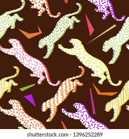 Animal seamless pattern. Leopard silhouettes background in a geometric print. Jumping wildcat with different geometric elements. Textile or fabric backdrop.