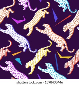 Animal seamless pattern. Leopard silhouettes background in a geometric print. Jumping wildcat with different geometric elements. Textile or fabric backdrop.