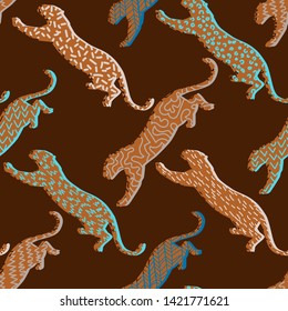 Animal seamless pattern. Leopard silhouettes background in a geometric print. Jumping wildcat with different geometric elements. Textile or fabric backdrop.