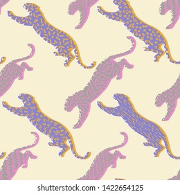 Animal seamless pattern. Leopard silhouettes background in a geometric print. Jumping wildcat with different geometric elements. Textile or fabric backdrop.