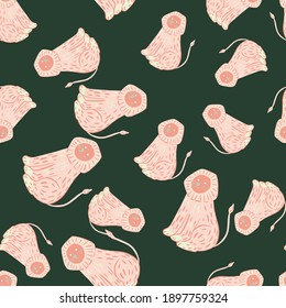 Animal seamless pattern with light pink lion ornament. Dark green background. Random animal tropic print. Graphic design for wrapping paper and fabric textures. Vector Illustration.