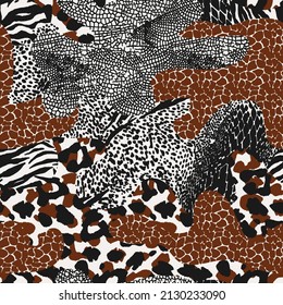 Animal seamless pattern mix seamless pattern . Mammals Fur  print skins. Predators Camouflage. Cheetah Giraffe Zebra Leopard Holstein cattle Snake Jaguar. Printable Background. Vector illustration.