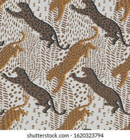 Animal seamless pattern. Mixed leopard silhouettes and geometric elements. Jumping wildcat. Tiger leopard skin fur print texture. Trendy exotic jungle tropic nature backkground. 