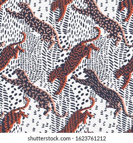 Animal Seamless Pattern. Mixed Leopard Silhouettes And Geometric Elements. Jumping Wildcat. Tiger Leopard Skin Fur Print Texture. Trendy Exotic Jungle Tropic Nature Backkground.