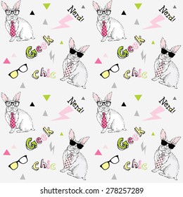  animal seamless pattern, nerd bunny print, hipster design