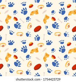 Animal seamless pattern. Pet accessories, collar, bowl, bone, fish. Paw prints repeat motif. Vector illustration for vet clinic, pet shop or animal shelter, rescue.