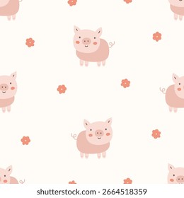 Animal seamless pattern with pigs and flowers on white background. Perfect for wallpaper, gift paper, summer greeting cards. Vector hand drawn child illustration