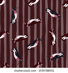 Animal seamless pattern with random penguin print. Striped brown background. Cartoon zoo backdrop. Decorative print for fabric design, textile print, wrapping, cover. Vector illustration.