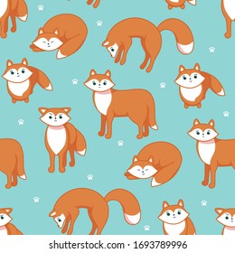 Animal seamless pattern . Red fox on blue bakground. Pattern for textile, fablic, paper and clothes. Vector illustration in cute cartoon style