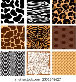 Conjunto de patrones sin soldadura animal. ... Colección de máscaras de impresión. Giraffe, tigre, cebra, leopardo, pescado,
tortuga, serpiente, cocodrilo. Fondo imprimible. Ilustración vectorial.