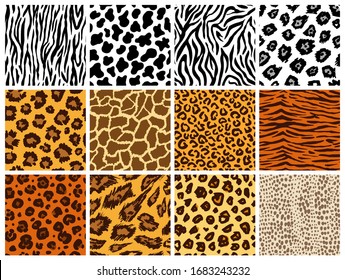 Animal seamless pattern set  Mammals Fur  Collection print skins  Predators Camouflage  Cheetah Giraffe Zebra Leopard Holstein cattle Snake Jaguar  Printable Background  Vector illustration 
