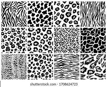 Animal seamless pattern set. Mammals Fur. Collection of print skins. Predators Camouflage. Cheetah Giraffe Zebra Leopard Holstein cattle Snake Jaguar. Printable Background. Vector illustration. - Shutterstock ID 1708624723