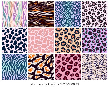 Conjunto de patrones sin fisuras para los animales. Piel de mamíferos. Colección de color neón brillante Imprimir piel. Camuflaje de los depredadores de moda. Cheetah Giraffe Zebra Leopard Jaguar. Fondo imprimible. Ilustración del vector