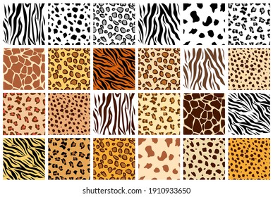 Animal seamless pattern set. Mammals Fur. Collection of print skins. Predators. Cheetah, Giraffe, Tiger, Zebra, Leopard, dalmatian, Сattle, Jaguar. Printable Background. Vector illustration.