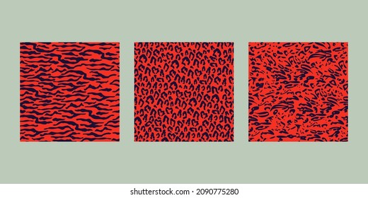 Animal seamless pattern set. Mammals Fur. Collection of print skins. Predators Camouflage. Cheetah Giraffe Zebra Leopard Holstein cattle Snake Jaguar. Printable Background. Vector illustration.