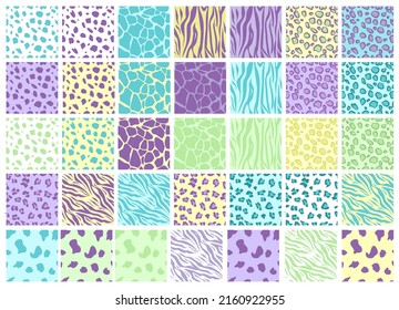 Animal seamless pattern set. Mammals Fur. Collection of print skins. Predators. Cheetah, Giraffe, Tiger, Zebra, Leopard, dalmatian, Сattle, Jaguar. Printable Background. Vector illustration.