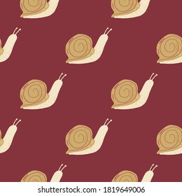 Animal seamless pattern with snails simple silhouettes. Doodle spiral shapes in beige tones on maroon background. Great for wallpaper, textile, wrapping paper, fabric print. Vector illustration.