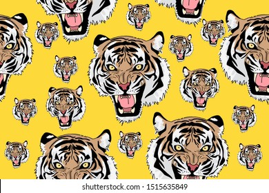 Animal seamless pattern with tiger head collection. Decorative illustration, good for printing. Hand drawn wallpaper vector