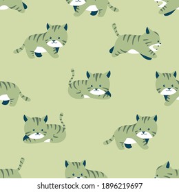 Animal seamless pattern, various poses of cute tigers in green tone