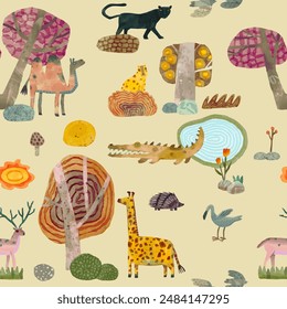 Animal seamless pattern. watercolor vector wallpaper.