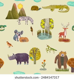 Animal seamless pattern. watercolor vector wallpaper.