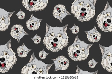 Animal seamless pattern with wolf  head collection. Decorative illustration, good for printing. Hand drawn wallpaper vector