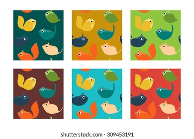 Animal Seamless Patterns. Cartoon Characters. Vector Illustration.