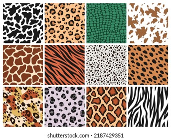 Patrones sin fisuras para los animales. Mamíferos, pieles de predadores, huellas de piel de reptil, fondos de cuero, tejidos de cebra jaguar y tigre, diseño de textil de jirafa y fauna natural de vaca, conjunto de vectores ordenados