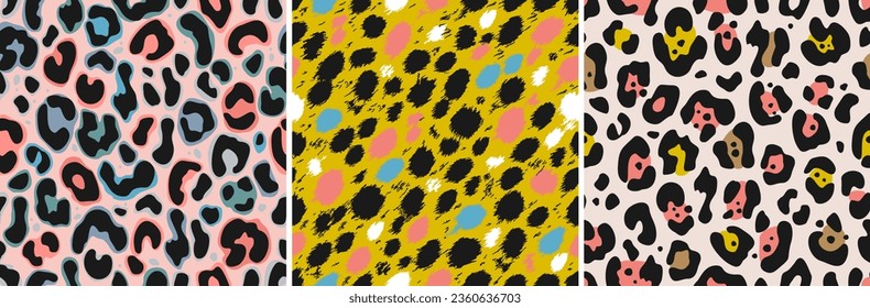 Animal seamless patterns set. Jaguar, leopard, cheetah skin texture in bright colors. Stylized design for the Internet and print. For textiles, paper, wallpaper. Illustrated vector clipart. 