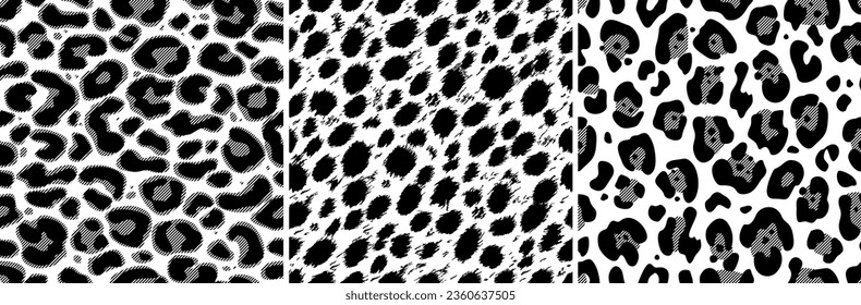 Animal seamless patterns set. Jaguar, leopard, cheetah skin texture in black and white colors. Stylized design for the Internet and print. For textiles, paper, wallpaper. Illustrated vector clipart.