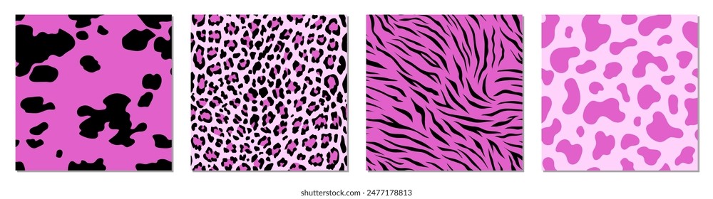 Animal seamless patterns. Vector set. Retro collection. Black and pink backgrounds. Fabric, textile print.