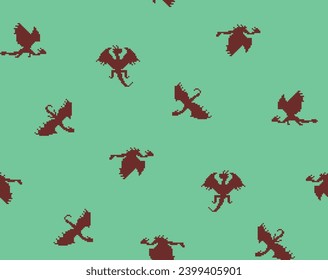 Animal seamless patternt with pixel silhouettes of brown dragons on green. Pixel vector for new year 2024 package, textile, mens clothing, packaging, wallpaper, apparel fabric, home decor.