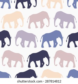 Animal seamless retro vector pattern of elephant silhouettes. Endless texture can be used for printing onto fabric, web page background and paper or invitation. Blue, white and beige colors.
