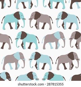 Animal seamless retro vector pattern of elephant silhouettes. Endless texture can be used for printing onto fabric, web page background and paper or invitation. White, blue and gray colors.