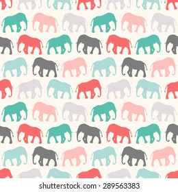 Animal seamless retro vector pattern of elephant silhouettes. Endless texture can be used for printing onto fabric, web page background and paper or invitation. Colorful.