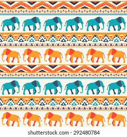 Animal seamless retro vector pattern of elephant silhouettes. Endless texture can be used for printing onto fabric. With doodle stripes. White, blue, red and yellow colors.