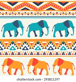Animal seamless retro vector pattern of elephant silhouettes. Endless texture can be used for printing onto fabric. With doodle stripes. White, blue, red and yellow colors.