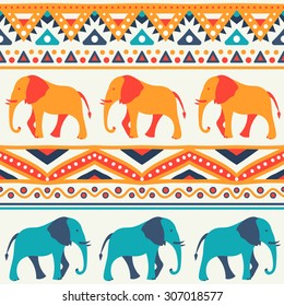 Animal seamless retro vector pattern of elephant silhouettes. Endless texture can be used for printing onto fabric. With doodle stripes. White, blue, red and yellow colors.