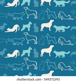 Animal seamless vector color pattern of cat and dog silhouettes
