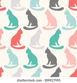 Animal seamless vector pattern of cat silhouettes. Endless texture for printing onto fabric, web page background and paper or invitation. Kitten style. Shabby colorful illustration.