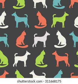 Animal seamless vector pattern of cat and dog silhouettes. Endless texture can be used for printing onto fabric, web page background and paper or invitation. Kitten style. White and orange colors.