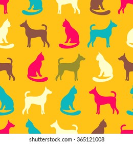 Animal seamless vector pattern of cat and dog silhouettes. Endless texture can be used for printing onto fabric, web page background and paper or invitation. Kitten style. White and orange colors.