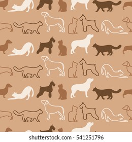 Animal seamless vector pattern of cat and dog silhouettes